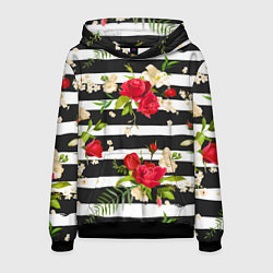 Толстовка-худи мужская Красные розы на черных полосках, цвет: 3D-черный
