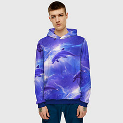 Толстовка-худи мужская Дельфины в волшебном море паттерн, цвет: 3D-синий — фото 2
