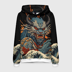Толстовка-худи мужская Японский дракон и волны в стиле тату ирезуми, цвет: 3D-белый