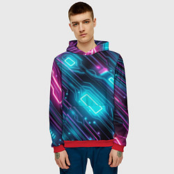 Толстовка-худи мужская Неоновый узор киберпанк микросхемы, цвет: 3D-красный — фото 2