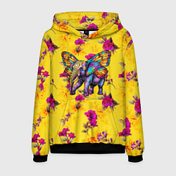 Толстовка-худи мужская Слон с крыльями бабочки на цветочном фоне, цвет: 3D-черный