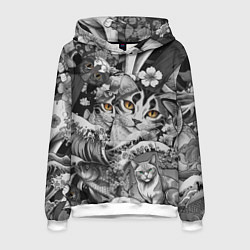 Толстовка-худи мужская С котами и рыбой на фоне сакуры в волнах, цвет: 3D-белый