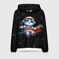 Толстовка-худи мужская Котёнок космонавт в открытом космосе, цвет: 3D-белый