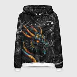 Толстовка-худи мужская Японский дракон татуировка, цвет: 3D-белый