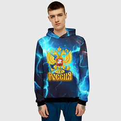 Толстовка-худи мужская Россия герб на синих молниях, цвет: 3D-черный — фото 2