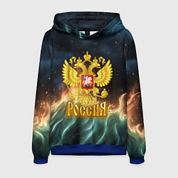Толстовка-худи мужская Герб России зеленое пламя, цвет: 3D-синий