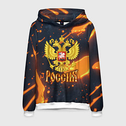 Толстовка-худи мужская Герб России и оранжевая лава, цвет: 3D-белый