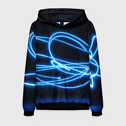 Толстовка-худи мужская Неоновые голубые волны на черном фоне, цвет: 3D-черный