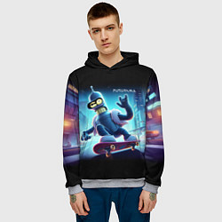 Толстовка-худи мужская Bender is a skateboarder in neon street - ai art, цвет: 3D-меланж — фото 2