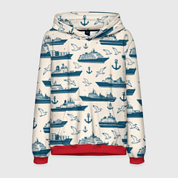 Толстовка-худи мужская Морской паттерн из чаек, якорей и кораблей, цвет: 3D-красный