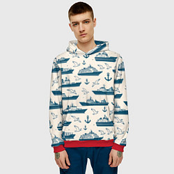 Толстовка-худи мужская Морской паттерн из чаек, якорей и кораблей, цвет: 3D-красный — фото 2