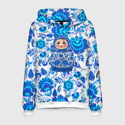 Толстовка-худи мужская Русская матрёшка в гжельских узорах, цвет: 3D-белый