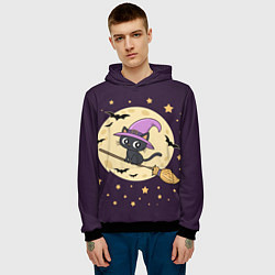 Толстовка-худи мужская Хэллоуин, кот на метле, луна, цвет: 3D-черный — фото 2