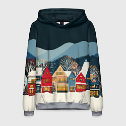 Толстовка-худи мужская Новогодний городок в горах, цвет: 3D-меланж