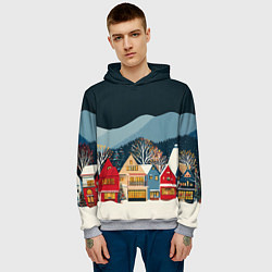 Толстовка-худи мужская Новогодний городок в горах, цвет: 3D-меланж — фото 2