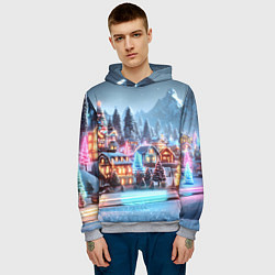 Толстовка-худи мужская Городок в новогодних огоньках, цвет: 3D-меланж — фото 2