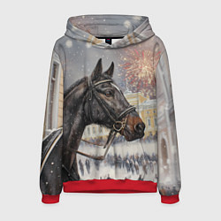 Толстовка-худи мужская Конь на фоне салюта, цвет: 3D-красный
