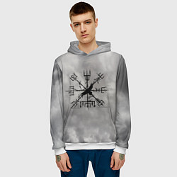 Толстовка-худи мужская Мистический ворон в руническом компасе вегвизир, цвет: 3D-белый — фото 2