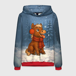 Толстовка-худи мужская Лошадка ловит снежинку, цвет: 3D-красный