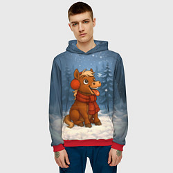 Толстовка-худи мужская Лошадка ловит снежинку, цвет: 3D-красный — фото 2