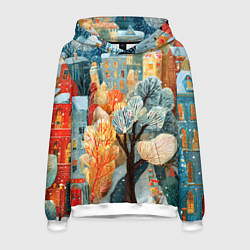 Толстовка-худи мужская Разноцветные новогодние домики, цвет: 3D-белый