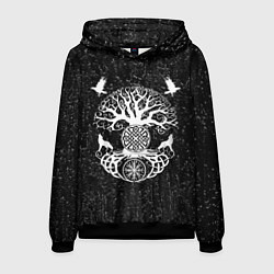 Толстовка-худи мужская Волки и вороны Одина и древо мира, цвет: 3D-черный