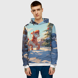 Толстовка-худи мужская Лошадка любуется елкой, цвет: 3D-белый — фото 2