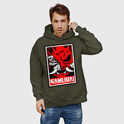 Толстовка оверсайз мужская Cyberpunk 2077: Samurai Poster, цвет: хаки — фото 2