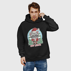 Толстовка оверсайз мужская Новогодний енот, цвет: черный — фото 2
