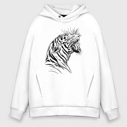 Толстовка оверсайз мужская Чёрно белый рисунок тигра, цвет: белый
