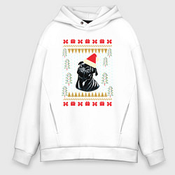 Толстовка оверсайз мужская Рождественский свитер Черный мопс, цвет: белый
