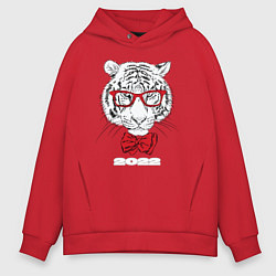 Толстовка оверсайз мужская Белый тигр в красных очках, цвет: красный