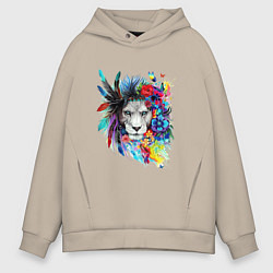 Толстовка оверсайз мужская Лев в цветах и перьях, цвет: миндальный