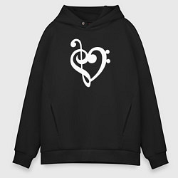 Толстовка оверсайз мужская Сердце Скрипичный и Басовый Ключи, цвет: черный