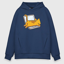 Толстовка оверсайз мужская Котик лежит на ноутбуке, цвет: тёмно-синий