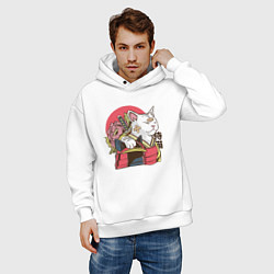 Толстовка оверсайз мужская Котик Самурай Samurai Cat Japanese art, цвет: белый — фото 2