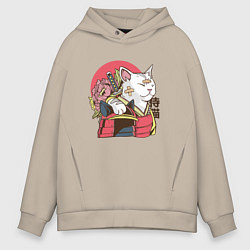 Толстовка оверсайз мужская Котик Самурай Samurai Cat Japanese art, цвет: миндальный