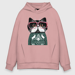 Толстовка оверсайз мужская Умный кот в очках в новогоднем свитере, цвет: пыльно-розовый