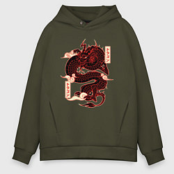 Толстовка оверсайз мужская Японский красный Дракон JAPAN Dragon, цвет: хаки