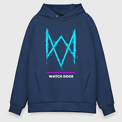 Толстовка оверсайз мужская Символ Watch Dogs в неоновых цветах, цвет: тёмно-синий