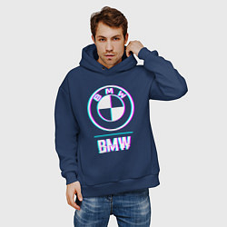 Толстовка оверсайз мужская Значок BMW в стиле glitch, цвет: тёмно-синий — фото 2