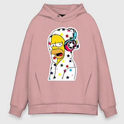 Толстовка оверсайз мужская Гомер Симпсон в звёздном балахоне и в наушниках, цвет: пыльно-розовый