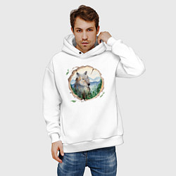 Толстовка оверсайз мужская Рисунок на бревне - волк, цвет: белый — фото 2