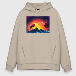 Толстовка оверсайз мужская Пляж и пальмы абстрактный ретро дизайн, цвет: миндальный
