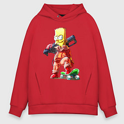 Толстовка оверсайз мужская Крутой Барт Симпсон с оружием на плече и скейтборд, цвет: красный