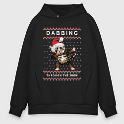 Толстовка оверсайз мужская Cat dabbing, through the snow, цвет: черный