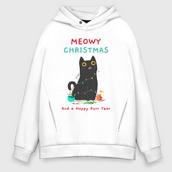 Толстовка оверсайз мужская Meowy Christmas and a happy purr year, цвет: белый