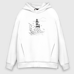 Толстовка оверсайз мужская Маяк - карандашный рисунок, цвет: белый