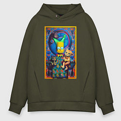 Толстовка оверсайз мужская Bart Simpson and cats - нейросеть - плакат, цвет: хаки