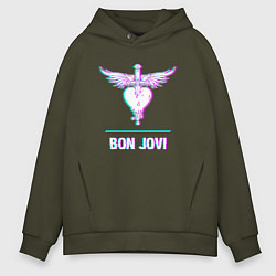 Толстовка оверсайз мужская Bon Jovi glitch rock, цвет: хаки